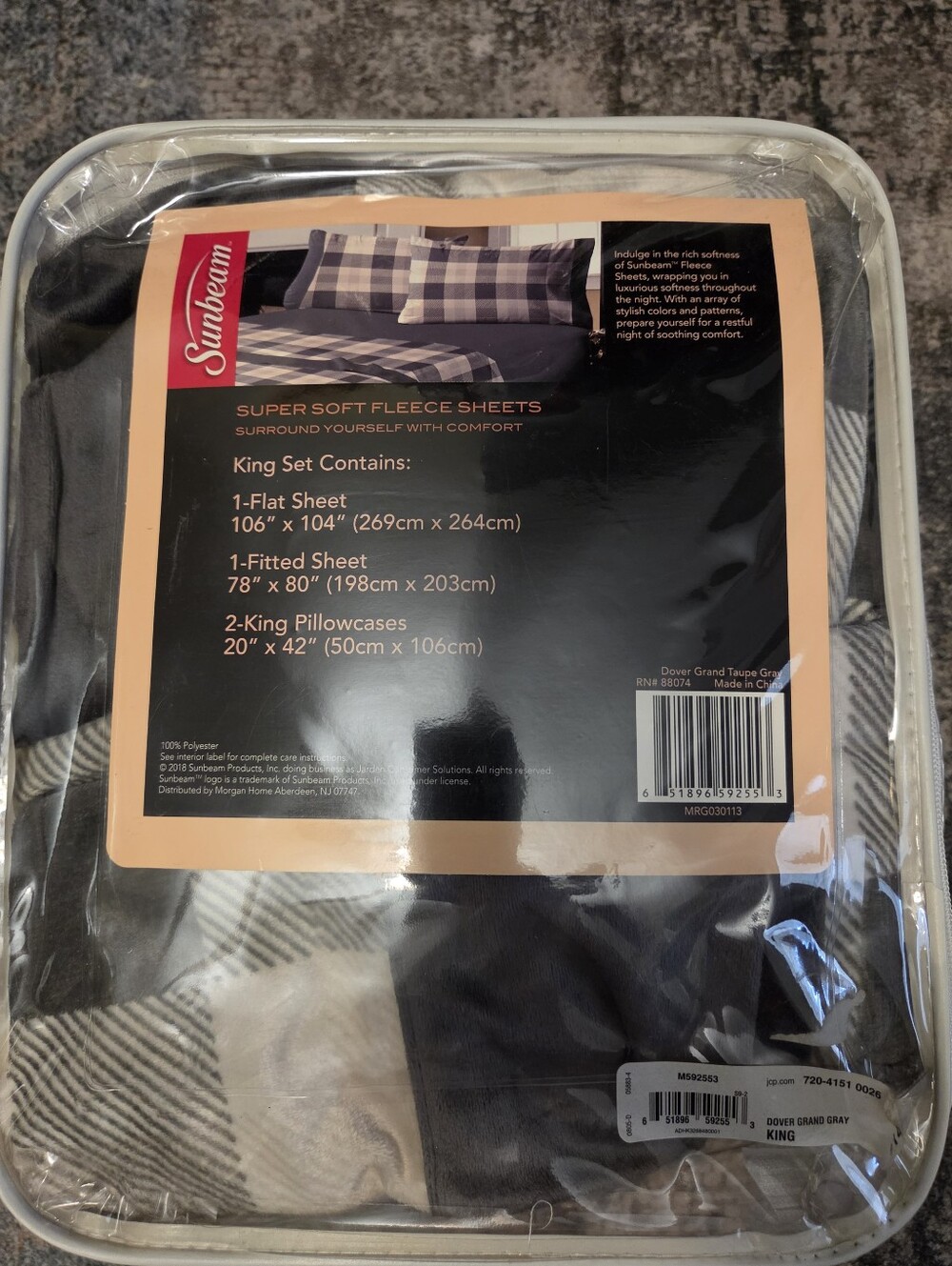 Sunbeam Super Soft Fleece Sheets King Set - Dover Grand Gray Plaid